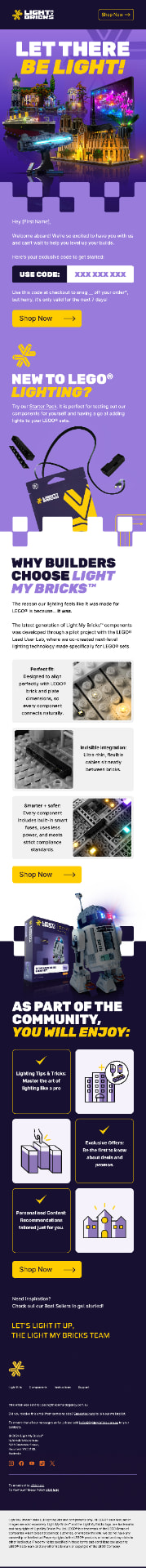 Welcome email design with bold Let There Be Light headline and LEGO lighting imagery