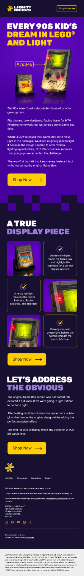 Email launch design featuring a lit LEGO Game Boy set