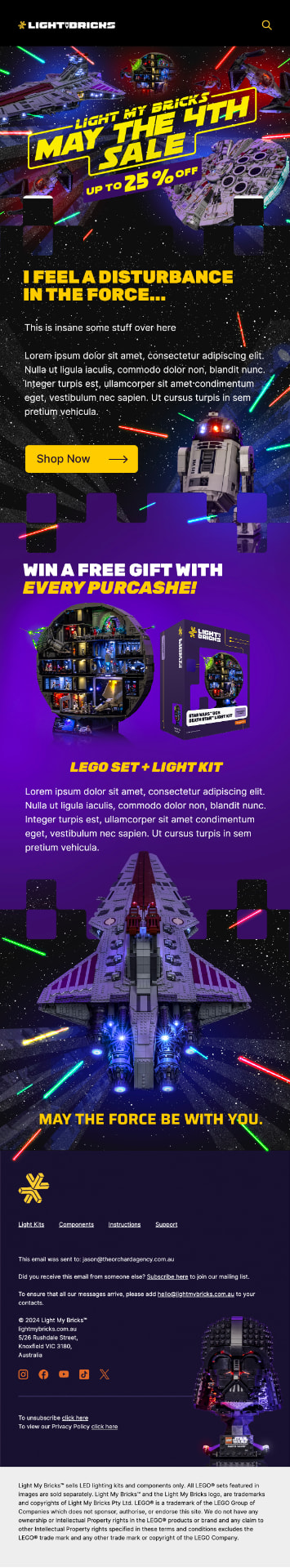 Star Wars themed May the 4th sale email with neon lightsaber artwork