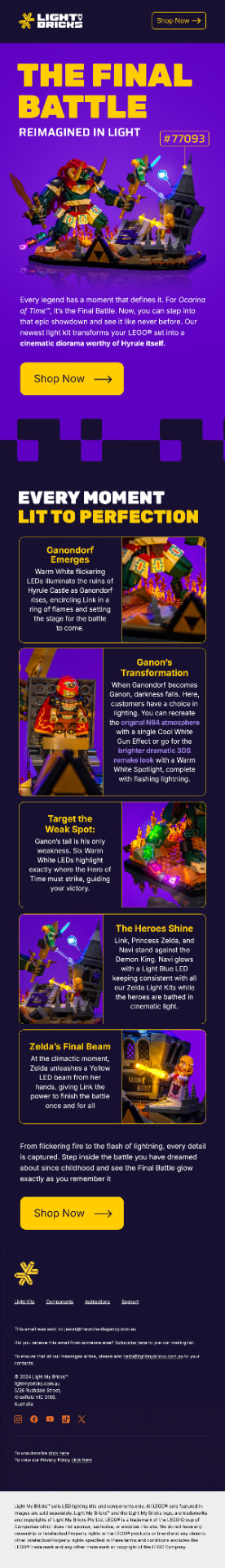 Product launch email showing a lit LEGO Zelda Ocarina of Time diorama