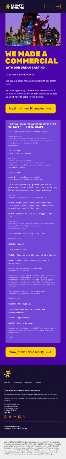 Email designed as a film script with a movie and TV inspired concept