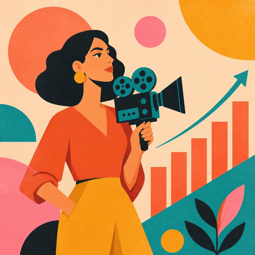 Illustration of a marketer holding a film camera beside a rising bar chart