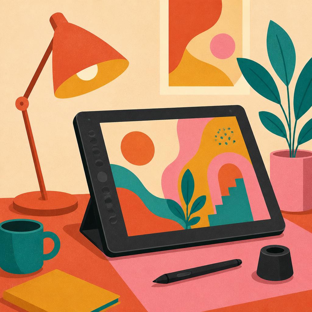 Illustration of a drawing tablet and stylus on a warm desk